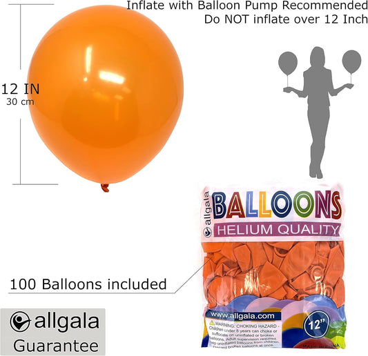 Allgala Latex Balloons for Parties | Helium Grade Bulk Balloon Pack | Ideal for Birthday Party Decorations, Baby Shower, Christmas Party | Colored Balloons for Events | 100ct 12" - Orange