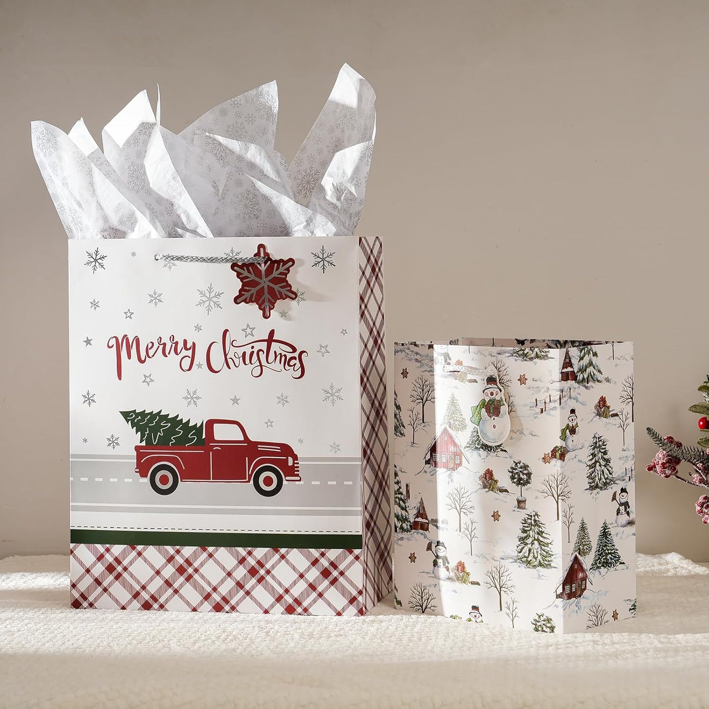 Enfoldia 4 Pack 12.5"Large Christmas Paper Gift Bags with Handles Tag Gold Silver Tissue Paper Holiday Goody Treat Bags Xmas Treat Gift Wrap Party Favor Supplies Winter Weddings Present Wrapping Bulk