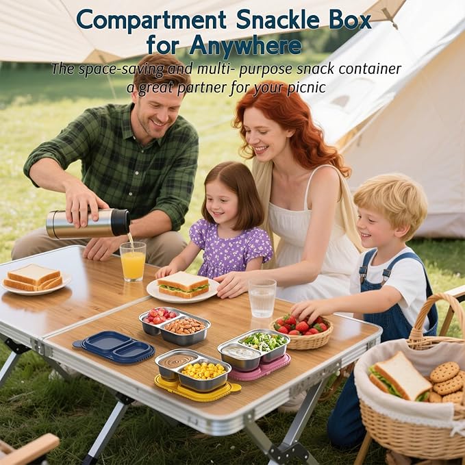 3 Pack Stainless Steel Snack Containers with Silicone Lids, Reusable 2 Compartment Food Storage Containers, Stainless Steel Box for School, Office, Travel