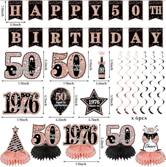 Zirtorei 50th Birthday Decorations for Women, 21pcs the Year 1976 Banner Balloon Party Supplies, Rose Gold 50 Year Old Birthday Backdrop, 50 Bday Honeycomb Centerpiece Hanging Swirls Sash Gifts