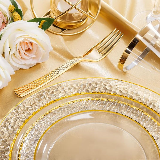 Nervure 102PCS Gold Plastic Plates - Disposable Clear Gold Party Plates Include 51PCS 10.25inch Dinner Plate & 51PCS 7.5inch Dessert Plate Perfect for Wedding & Party & Christmas (Pack of 2)