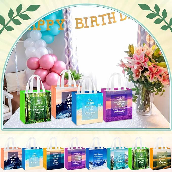 HunnmingRe 64 Pcs Christian Gift Bags Bulk, Easter Reusable Scene Religious Bible Verse Tote with Handles Non Woven Scripture Pastor Blessing Gift for Baptism Church Wedding Favors
