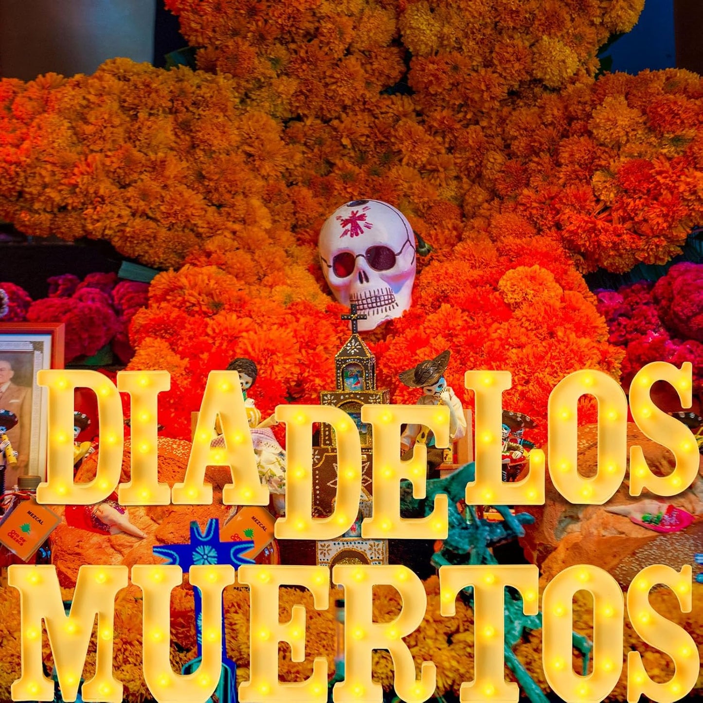 15 Pcs Day of The Dead Decorations Dia De Los Muertos Large LED Letter Signs LED Lights Battery Powered Table Decorations for Mexican Fiesta Party