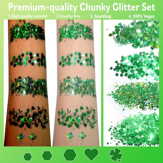 Allstarry Green Body Glitter, 4 Colors Cosmetic Green Face Glitter, Shamrock Face Eyeshadow Makeup Hair and Eye Glitter St Patricks Day Accessories Green Makeup Shamrock Decorations