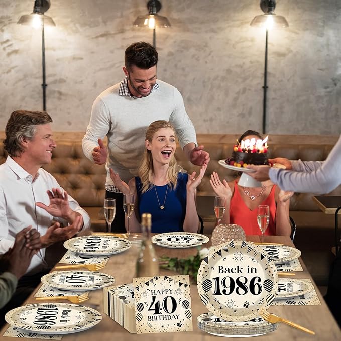96Pcs 40th Birthday Party Paper Plates and Napkins for Back in 1986 Themed Party Supplies Vintage 40 Year Old Dessert Plates 40th Tableware for Men Women Birthday Gatherings Decorations