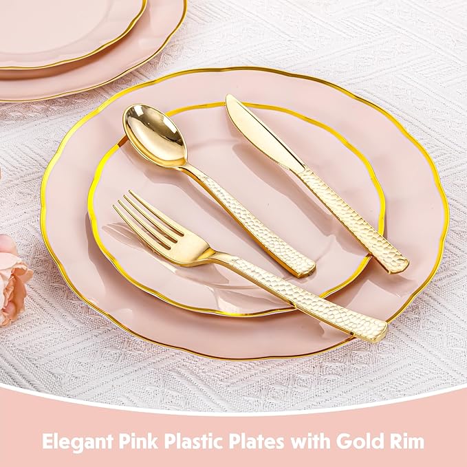supernal 60pcs Pink and Gold Plastic Plates Fancy Elegant Disposable Scalloped Plastic Plates Heavy Duty Disposable Dinnerware Set for Parties, Bridal Shower,Weddings & Birthdays