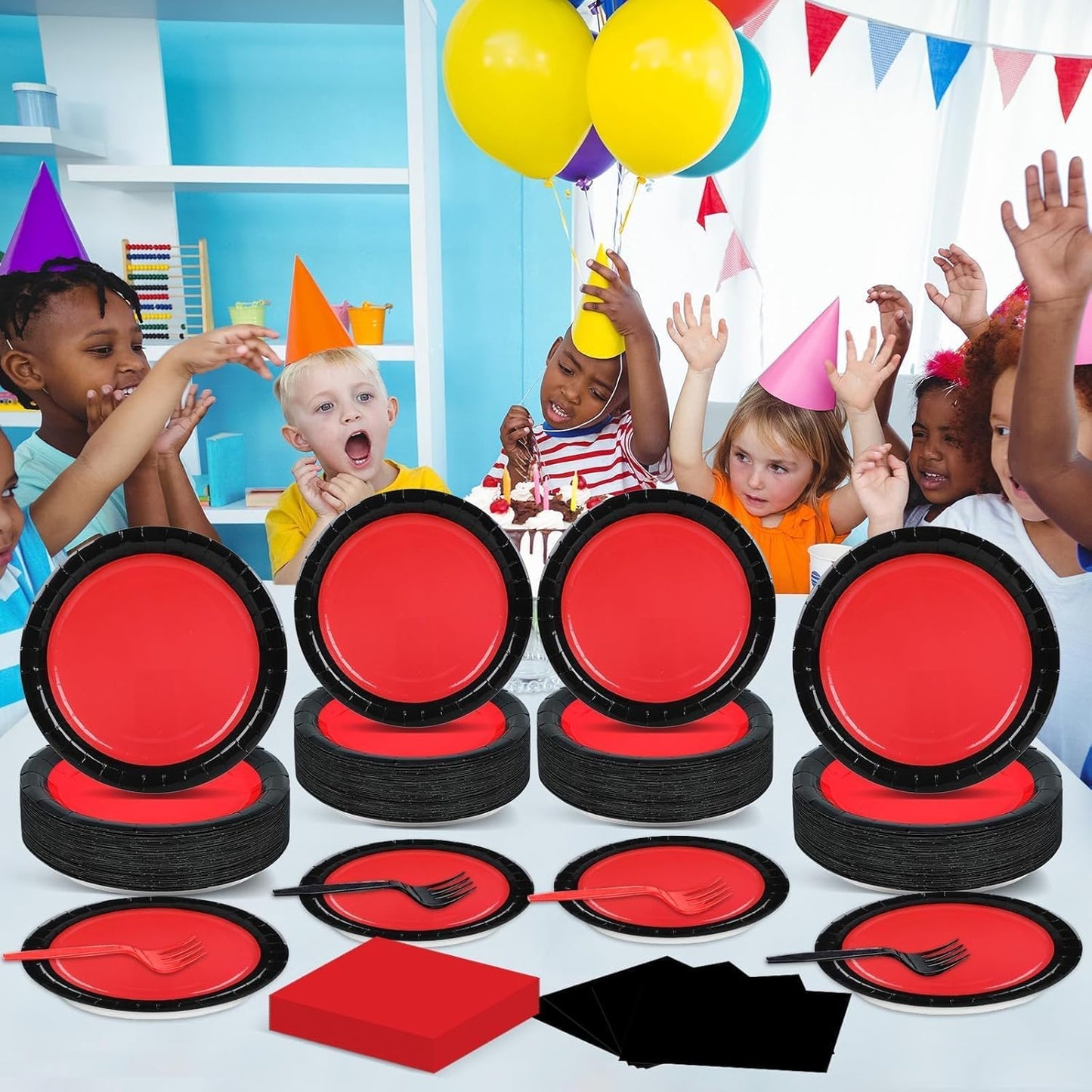 gisgfim 50 Guests Red and Black Party Supplies Decoration Black and Red Birthday Plates and Napkins Forks Red Black Disposable Tableware Red Birthday Party Paper Plates for Boys Girls Party 200PCS