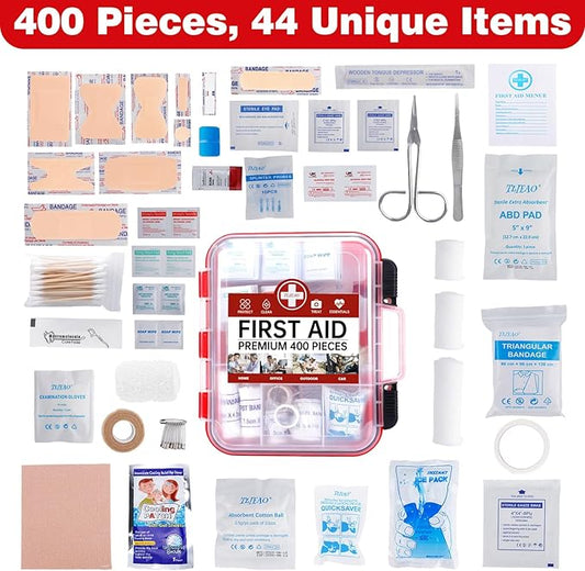 400 Pieces All-Purpose First Aid Kit - Organized Dual-Layer Wall - Professional Medical Kit for Home, Car, Camping, Travel, Office, Outdoor, Business & Sports