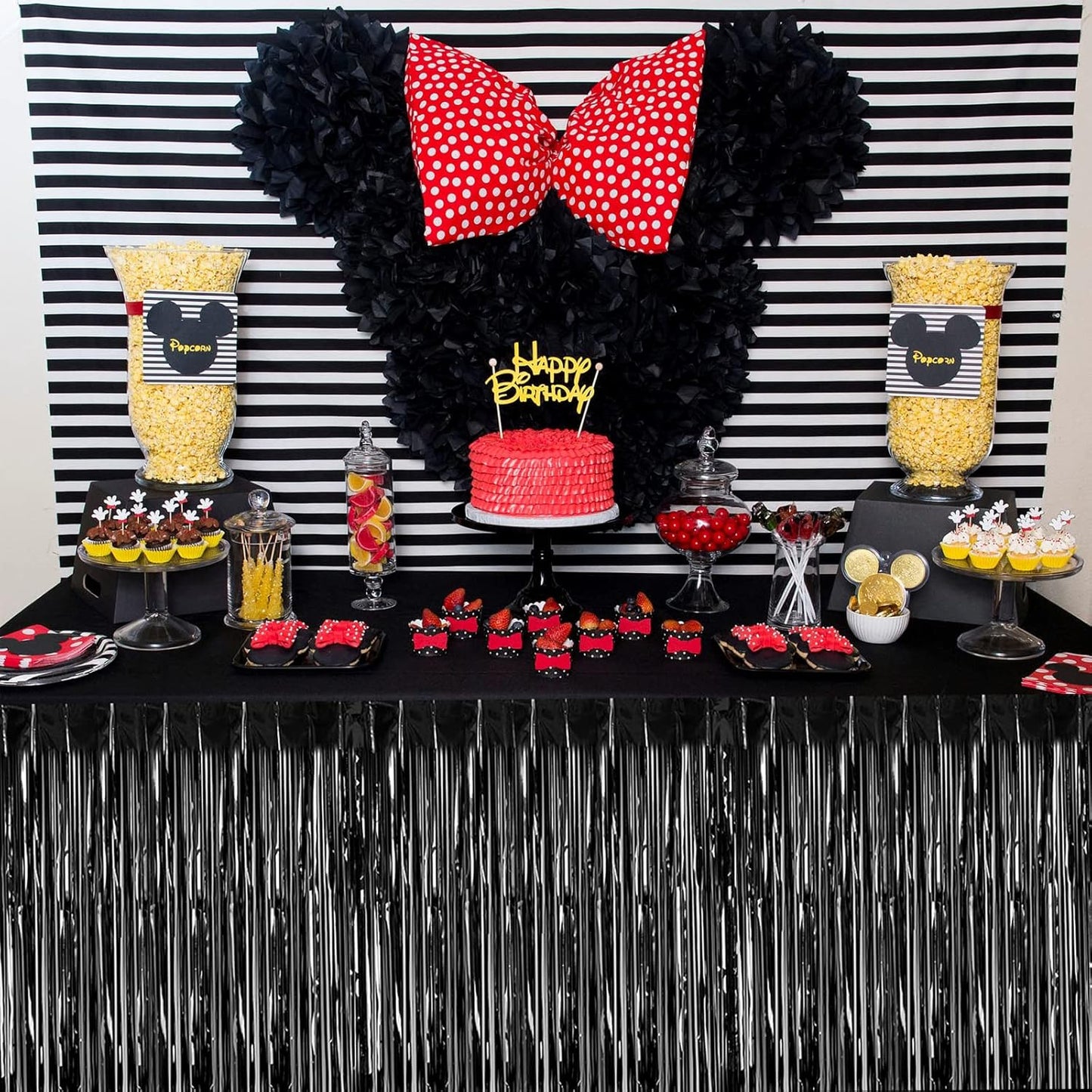 6 Pack 29x108 Inch Black Metallic Foil Fringe Table Skirts Banner for Tinsel Streamer Garland Curtains Backdrop for Parade Floats Wedding Baby Shower Birthday Christmas Halloween Party Decoration