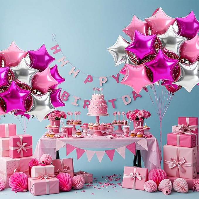 TONIFUL 15Pcs 18 Inch Large Hot Pink Silver Pink Star Shape Foil Balloons Big Stars Helium Mylar Ballons for Birthday Wedding Bridal Shower Anniversary Engagement Party Decorations Supplies