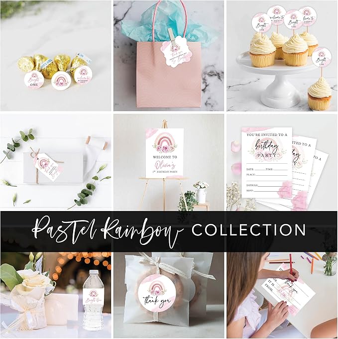 Andaz Press Fancy Frame Kids Party Favor Thank You Tags with String, 48-Pack Floral Rainbow Birthday Gift Tags for Gift Bags, Favor Bags, Goody Bags, Girls Boho Birthday, 1st Birthday Party Favors