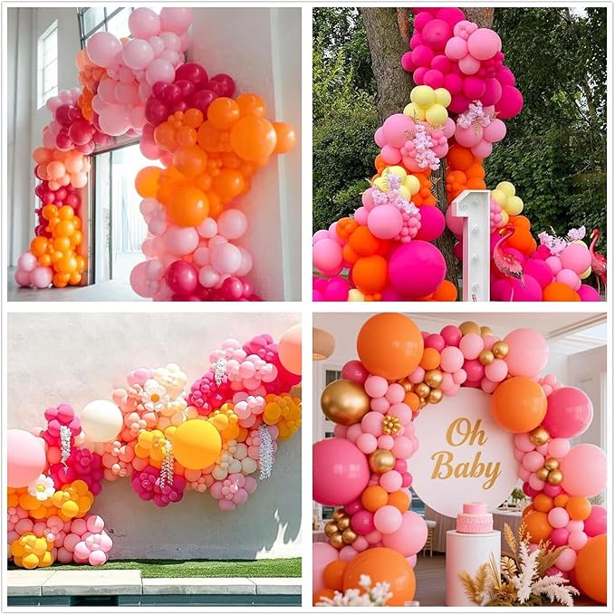 Pink and Orange Balloon Arch Kit,412Pcs Hot Pink Orange Metallic Gold Latex Balloon Garland kit 18 12 10 5 Inch Different Size Balloons for Birthday Wedding Tropical Summer Party Decorations
