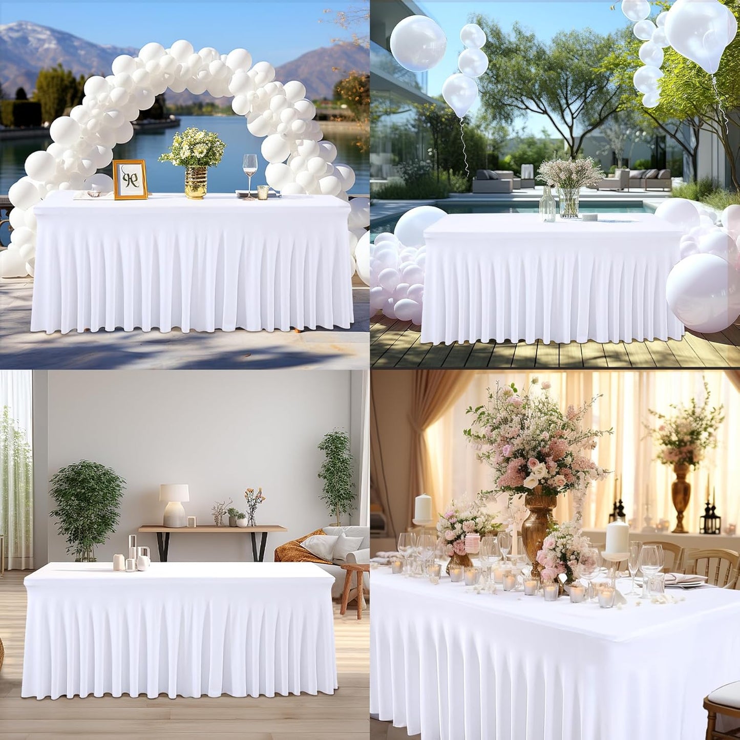 2 Packs White Spandex Table Covers 6 Foot, Fitted Stretch Table Skirts 30x72 Inch, Wrinkle-Free Floor Length Polyester Tablecloths for Weddings Parties Banquets Events Decorations