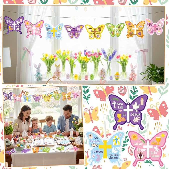 Frienda 48 Set Spring Butterfly Crafts Kit for Kids Christian Religious Butterfly Paper Craft with Stickers Sunday School DIY Kits Make Your Own Decor for Church Party VBS Classroom Activity