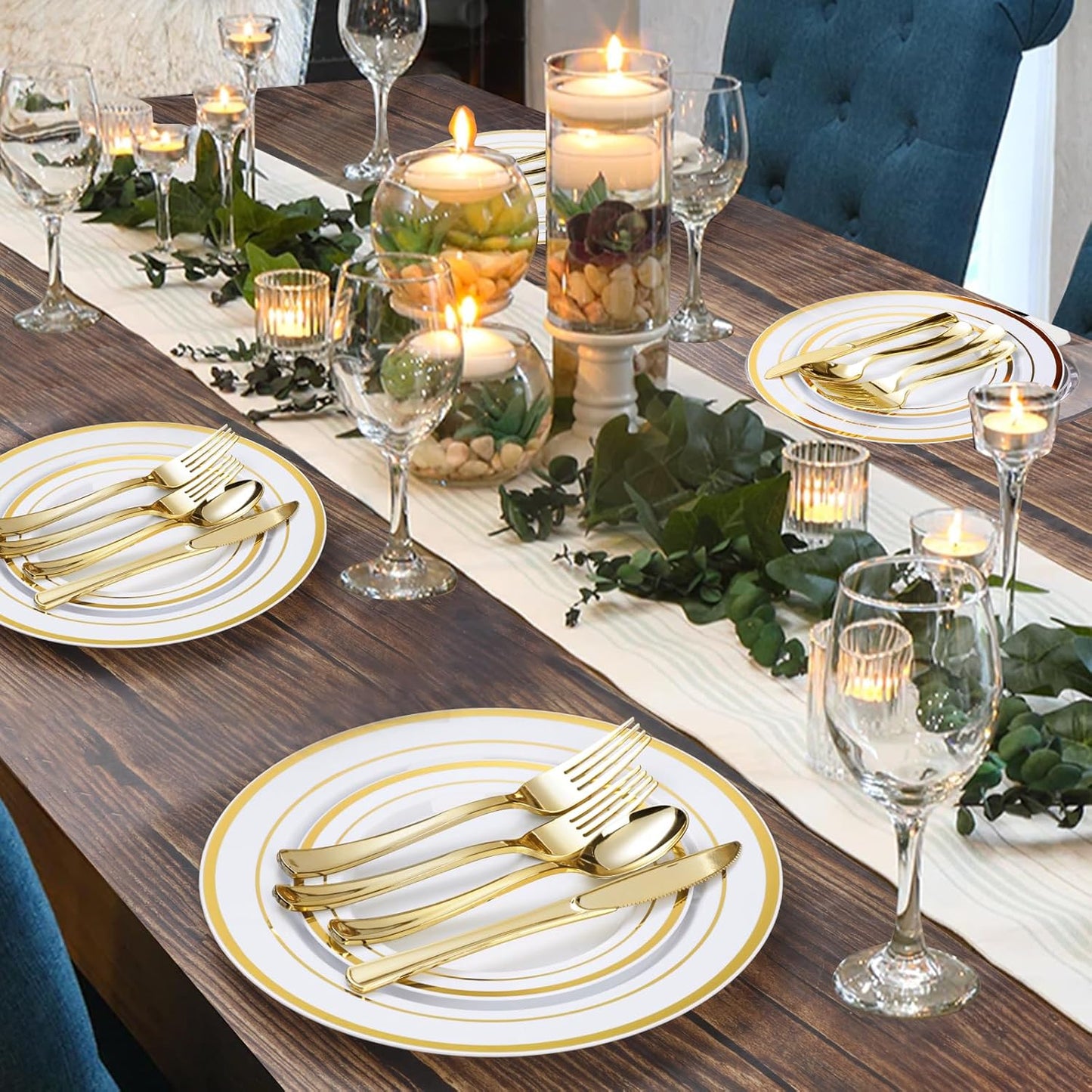 BESTVIP 300PCS Gold Plastic Plate Set (50 Guests), Plastic Plates for Party Wedding Birthday, Disposable Dinnerware Set of 100 Plates, 100 Forks, 50 Spoons, 50 Knives for Christmas, Thanksgiving