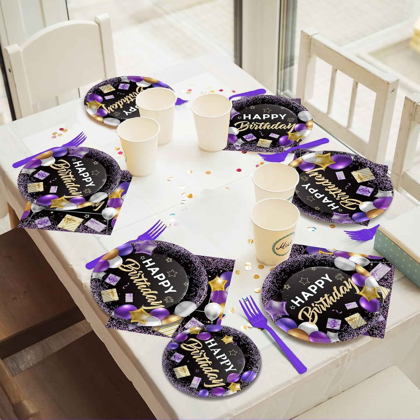 gisgfim 50 Guests Purple Birthday Plates and Napkins Purple and Black Happy Birthday Party Supplies Tableware Set Table Decorations for Women Girl Birthday Decoration Paper Plates Napkins Forks 200PCS