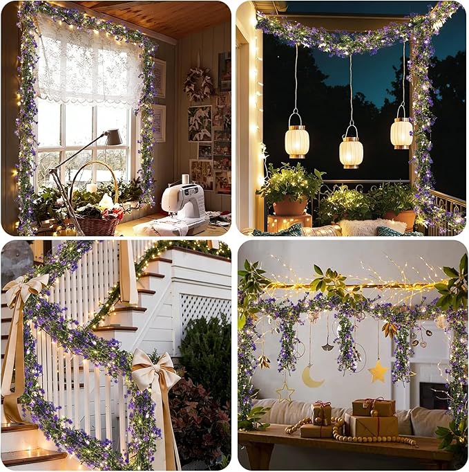 RECUTMS Faux Lighted Mantle Garland Artificial Hanging Greenery Fake Hanging Eucalyptus Leaves Vine with Lights Swag Garland for Indoor Outdoor Wall Party Mantel Wedding Table Arch Decor(Purple)