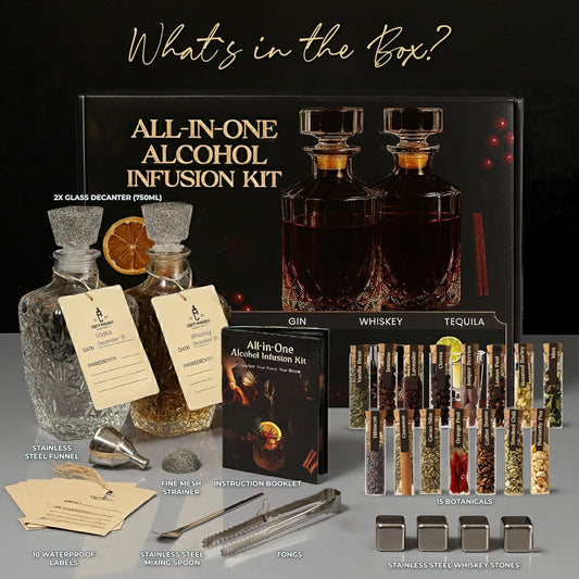 All‑in‑One Cocktail Infusion Kit with Instructions Manual for Whiskey, Tequila, Rum, Gin & Vodka - Gifts for Men – Birthday Gifts for Men - Whiskey Gift for Dad - Home Bar Alcohol Kit - Bar Gift