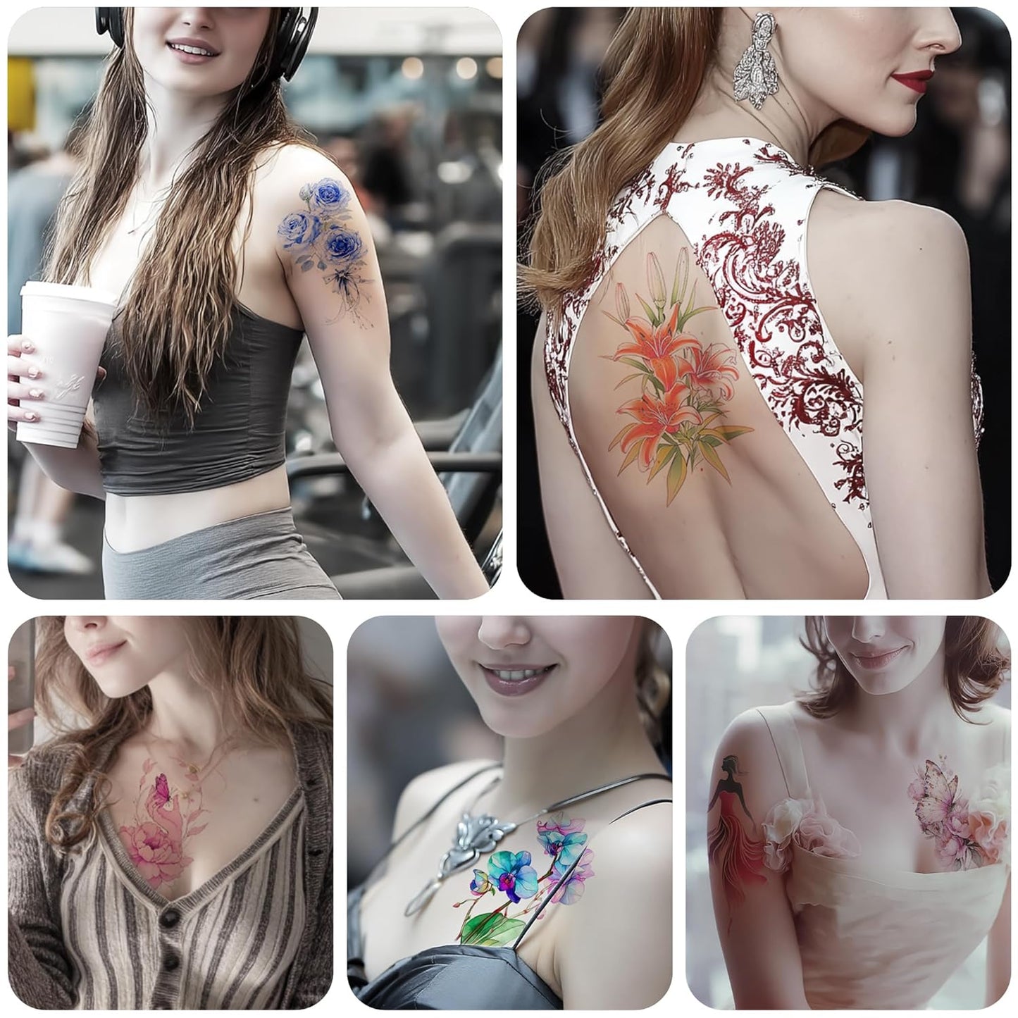 Watercolor Temporary Tattoos|Women-Exclusive Tattoos (with Florals, Butterflies, Jellyfish, Beauties & More)|Hyper-Realistic Fake Tattoos, Top Choice for Parties, Parent-Child & Beach