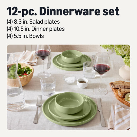 Amazon Basics Glazed Stoneware Dinnerware, 12-Piece Set, 4 Full Place Settings, Dishwasher-Safe, Olive