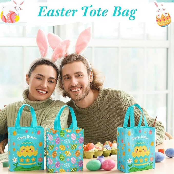 Wovnet 30 Pcs Easter Gift Bags Pastel Colors Easter Eggs Goodie Treat Tote Bags with Handle Reusable Non Woven Eggs Party Favor Pouch for Spring Party Supplies 10 x 8 x 4in