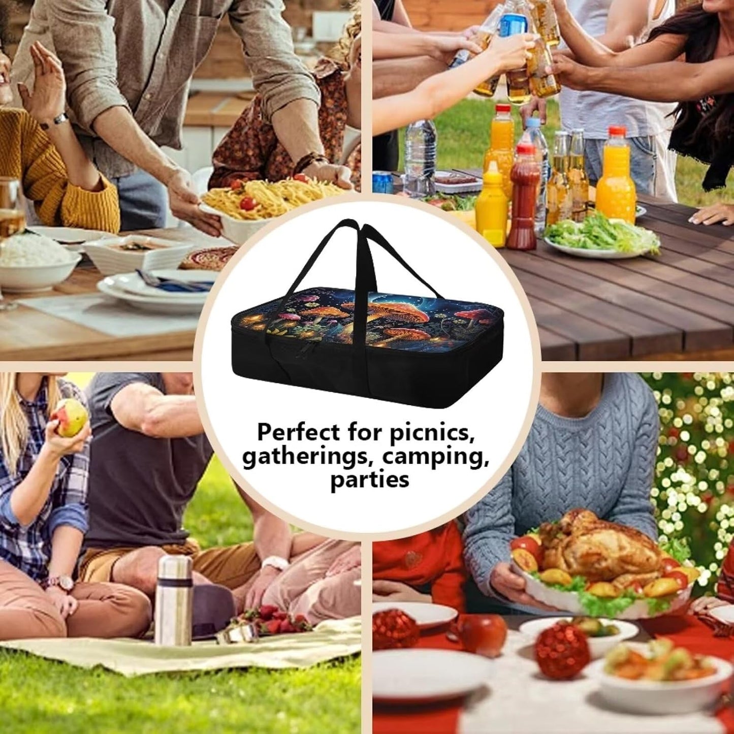 Art Mushroom Insulated Casserole Carriers Portable Food Warmer for Hot or Cold Food Lasagna Holder Tote Casserole Dish Carrying Case for Beach Parties Picnic