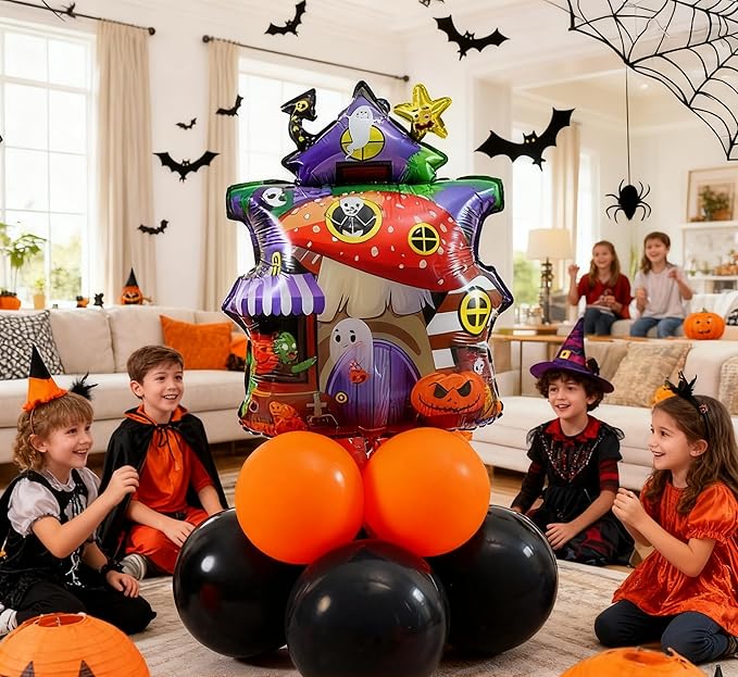 10pcs 12inch Black Orange Latex Balloon Party Theme Halloween Balloons Decor for Baby Shower Wedding Anniversary Halloween Baby Birthday Party Decorations (cute house)