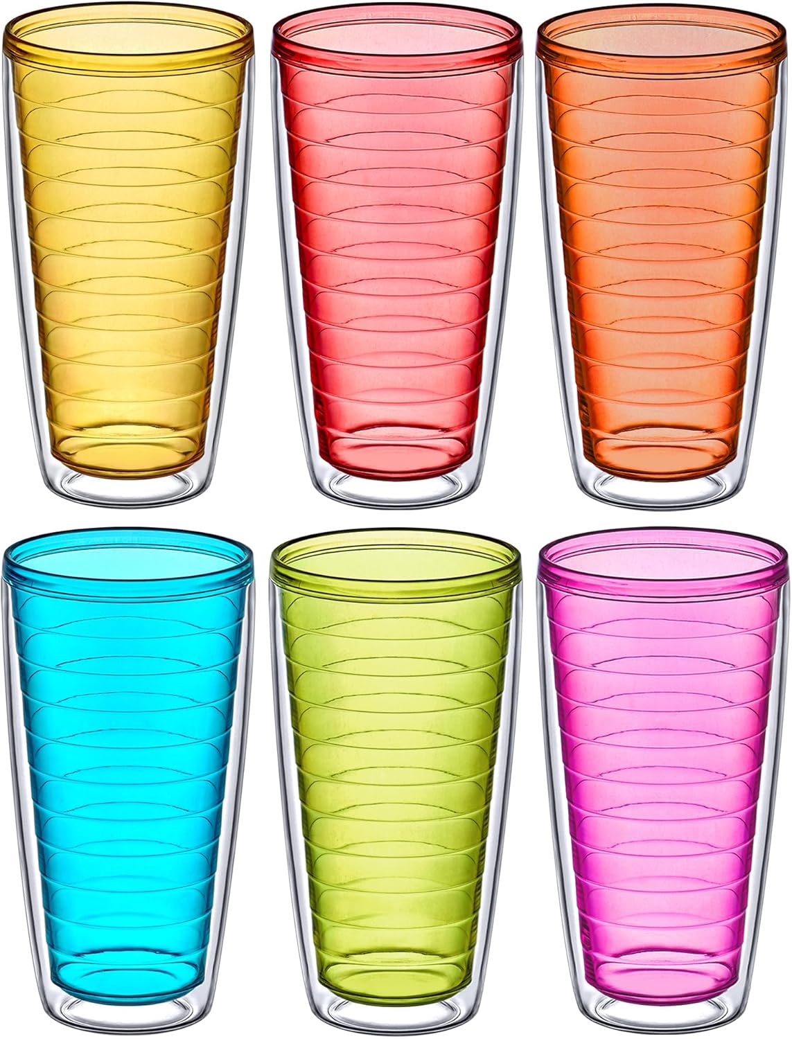 Amazing Abby - Alaska - 24-Ounce Insulated Plastic Tumblers (Set of 6), Double-Wall Plastic Drinking Glasses, Mixed-Color Reusable Cups, BPA-Free, Shatter-Proof, Dishwasher-Safe