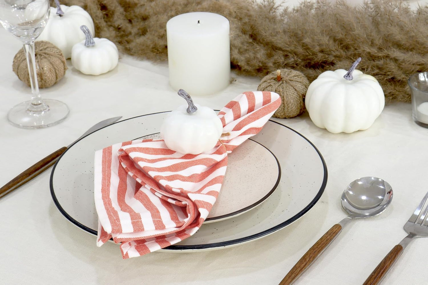 PurpleEssences Plain Striped Cloth Napkins - Set of 12-100% Cotton - 18 x 18 Inch - Fall Thanksgiving - Perfect Everyday Use Dinner Napkin - Orange White