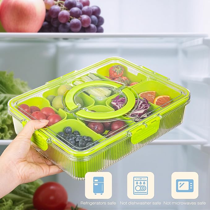 Patent Design Ribbed Snackle Box Container Divided Serving Tray with Lid and Handle -Charcuterie Container Portable Storage Organizer for Candy, Fruit, Beach, Picnics(1 pcs, Lake blue)