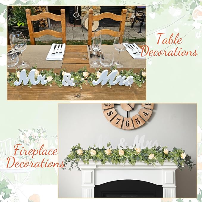 2pcs Large White Mr & Mrs Sign for Wedding Table with 5.91ft Artificial Flowers Garland, Wedding Centerpieces Wooden Bride and Groom Table Decorations for Engagement Decor (Champagne Rose)