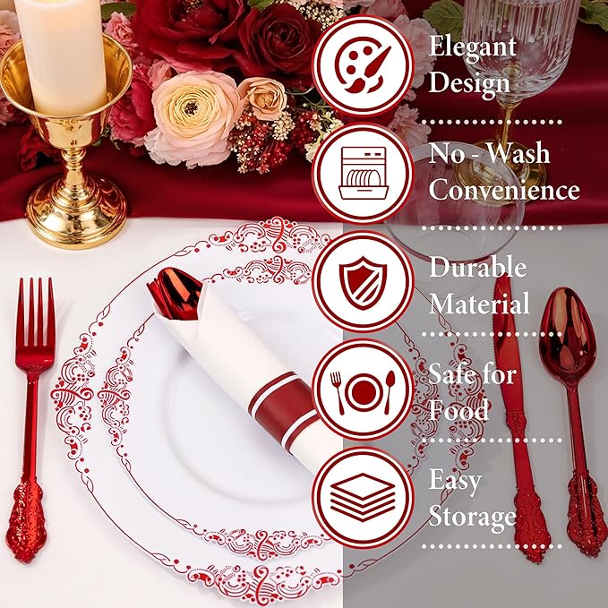Nervure 175PCS Red Plastic Plates - White Red Plastic Dinnerware Sets for 25 Guests - 50 Red Disposable Plates, 25 Pre Rolled Cutlery Set, 25 Cups Perfect for Wedding, Party