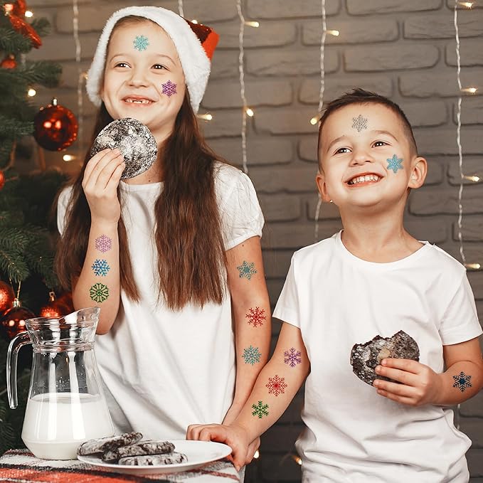 96 PCS Blue Snowflake Pre-Cut Temporary Tattoos Sticker Winter Birthday Christmas Party Decorations Decor Supplies Favors Gifts for Girls Boys Baby Showers Cute Fake Tattoos Classroom Reward Themed