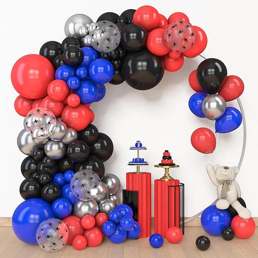 Amandir 153pcs Black Red Blue Balloon Arch Garland Kit, Different Sizes 18 12 10 5 inch Red Blue Sliver Spider Balloons for Boys Spider Theme Birthday Party Decorations