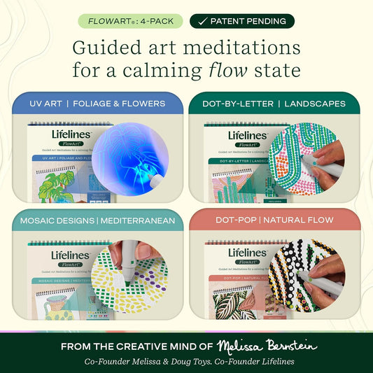 Lifelines FlowArt Activity Pad, 4-Pack - Guided Art Meditations with Markers - Color by Letter, Dot-Pop and More, Coloring Books for Teens, Adults & Seniors