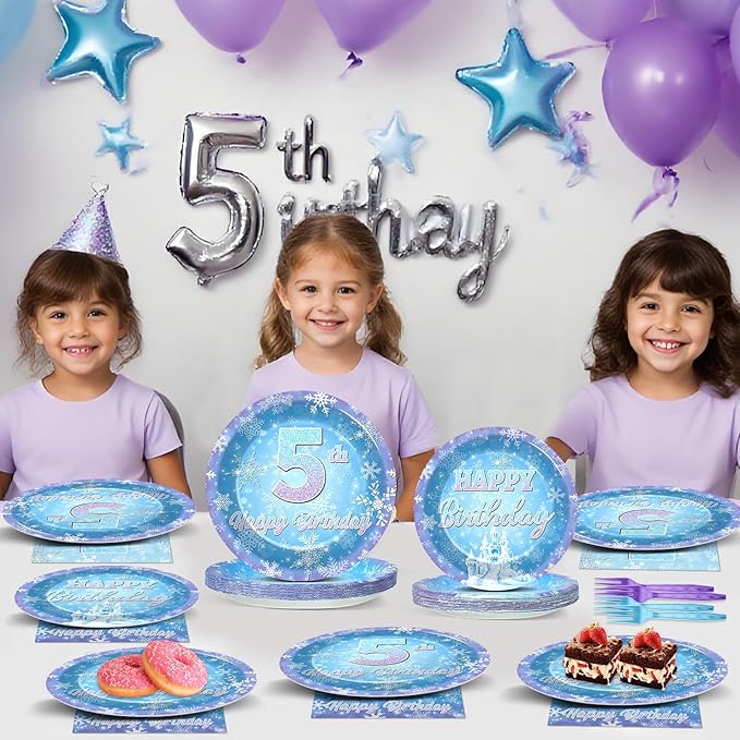 Snowflake Winter Wonderland 5th Birthday Paper Plates Napkins Forks Disposable Dinnerware Happy 5th Birthday Blue and Purple Winter Snowflake Tableware for Kids Christmas onderland Party Decorations