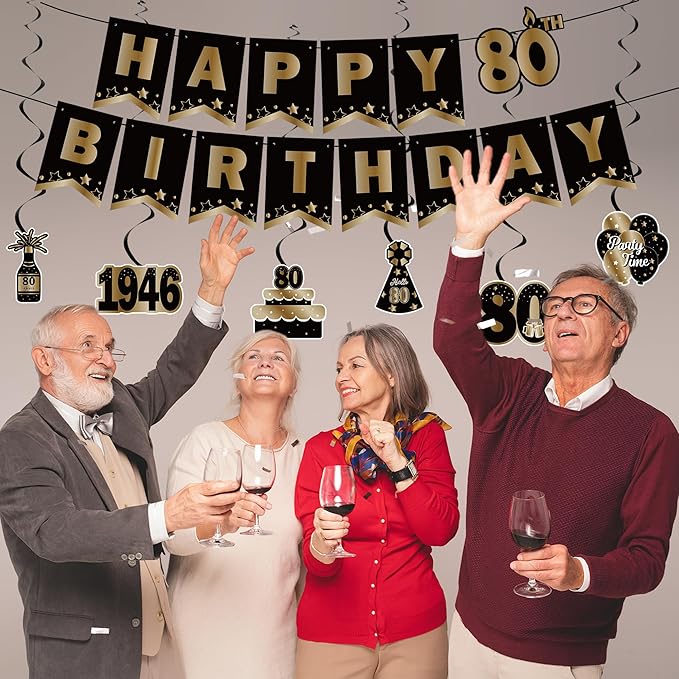 DARUNAXY 80th Birthday Party Decorations for Men Women, Vintage Back in 1946 Banner, Black 80 Number Balloons & Cake Topper, Vintage 1946 80 Birthday Honeycomb Hanging Swirl Confetti Balloons(30PC)