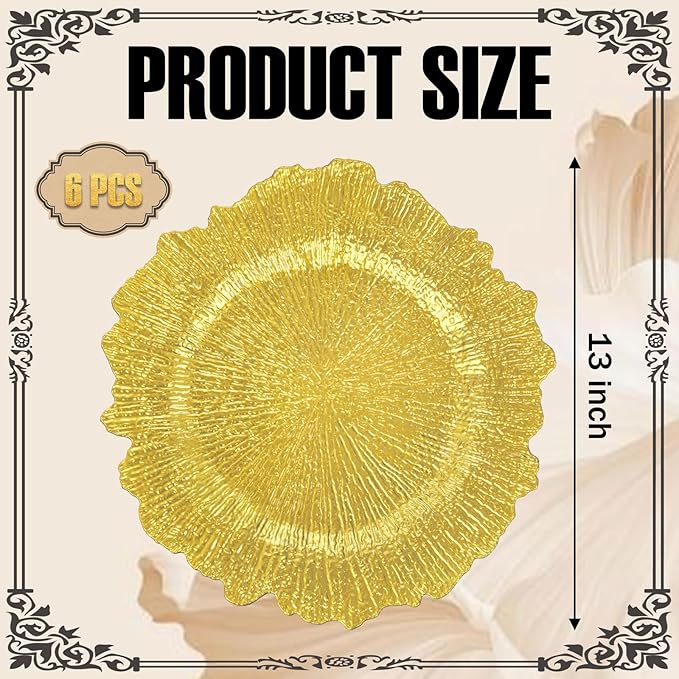 EI 6pcs Gold Charger Plates for Dinner,Gold Chargers Heavy Duty,Round Reef Table Charger Plastic Decorative Plate,Plastic Chargers with Reef Design For Wedding,Party,Afternoon Tea,Valentine's Day