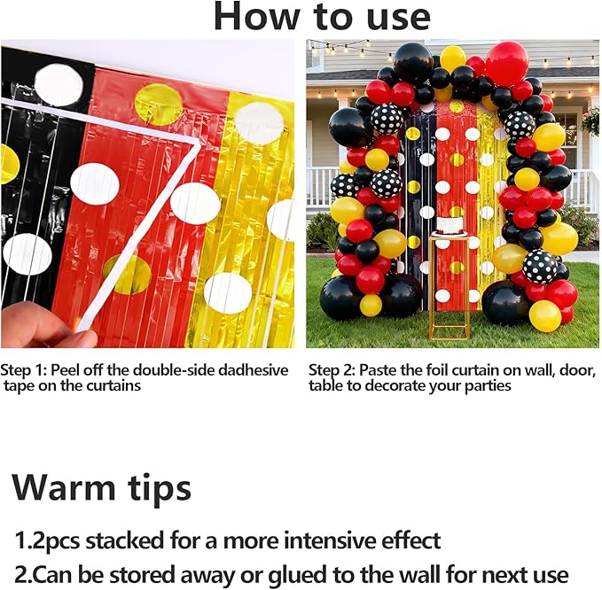 2 Packs Red Black Yellow Foil Fringe Curtain, Mouse Polka Dots Glitter Metallic Tinsel Backdrop for Birthday Baby Shower Cartoon Mouse Party Decorations Supplies