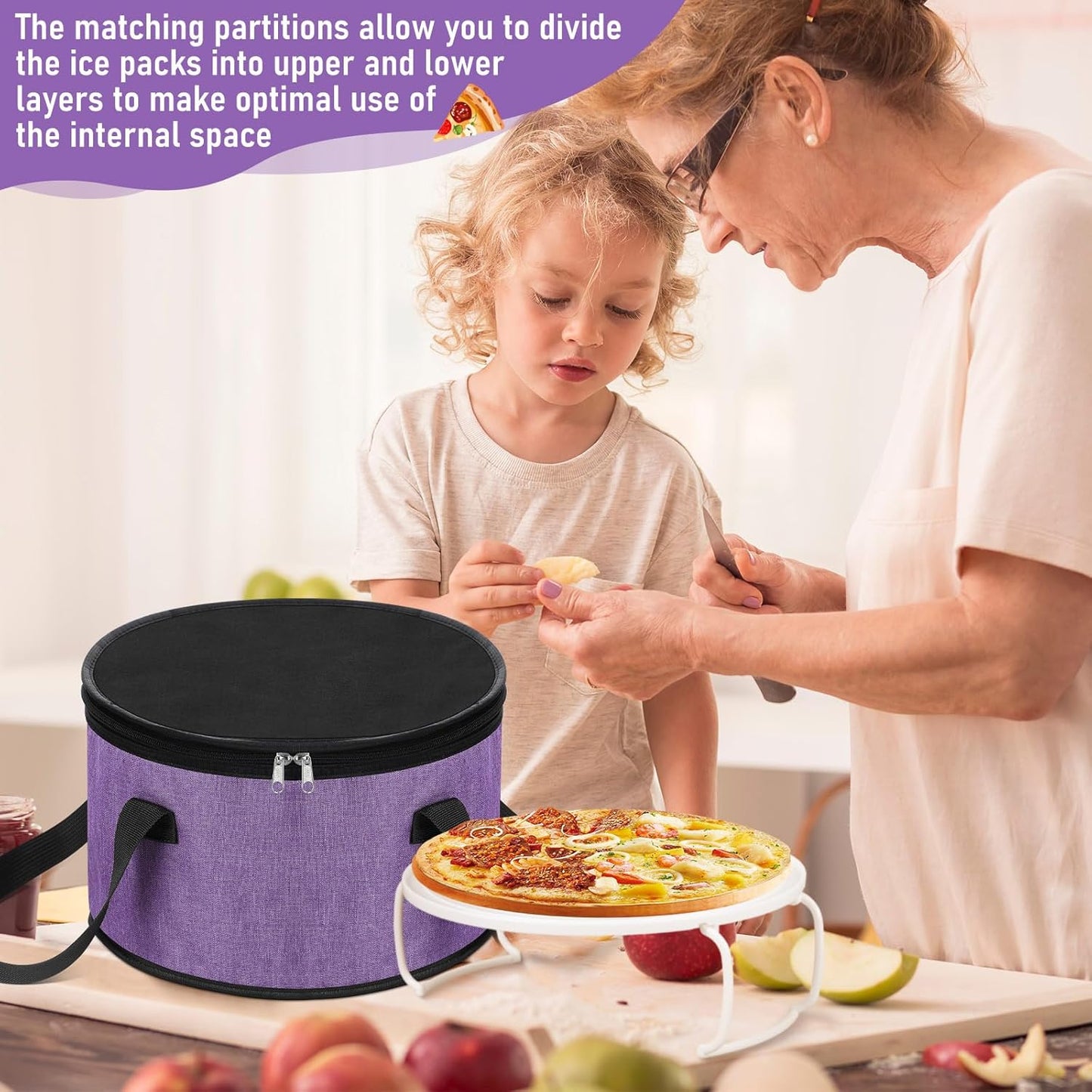 Yaomiao 2 Set Round Pie Carrier 11 x 7 Inch with Dish Tray Plate Stacker Insulated Casserole Carrier with Lid and Handle Reusable Cooler Thermal Bag for Cold Food for Potluck Picnic (Black and Purple)