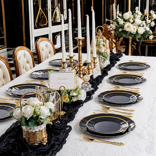 supernal 60pcs Black and Gold Birthday Plates Plastic Plates for Party and Fancy Disposable Plate Heavy Duty Scalloped Plate Wedding Disposable Dinnerware Included 30 Dessert & Dinner Plate