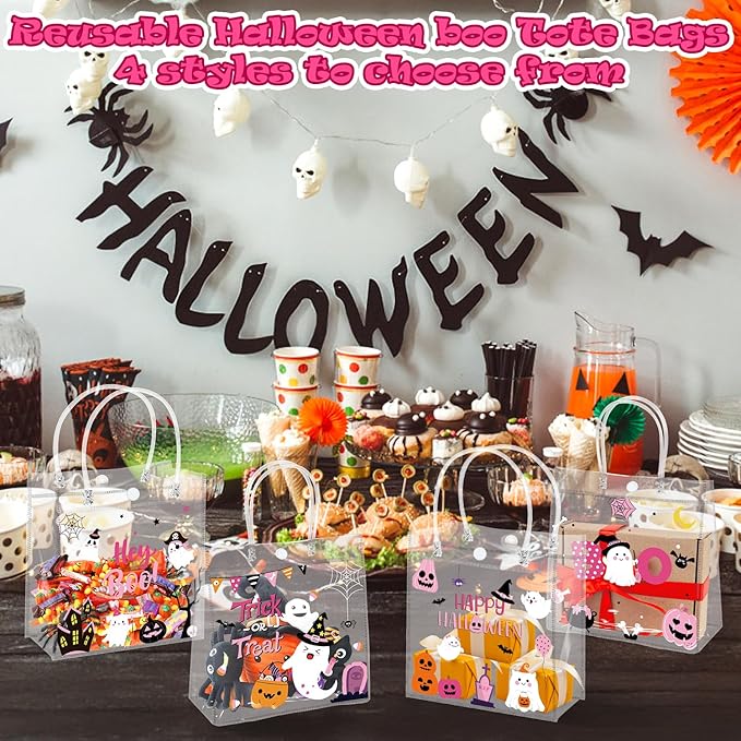 H1vojoxo Halloween Party Gift Bags - 24PCS Pink Halloween Clear PVC Gift Bags with Handle Trick or Treat Goodie Treat Tote Bag Reusable Hey Boo Pumpkin Tote Bag for Kid Pink Ghost Parties Favor Supply