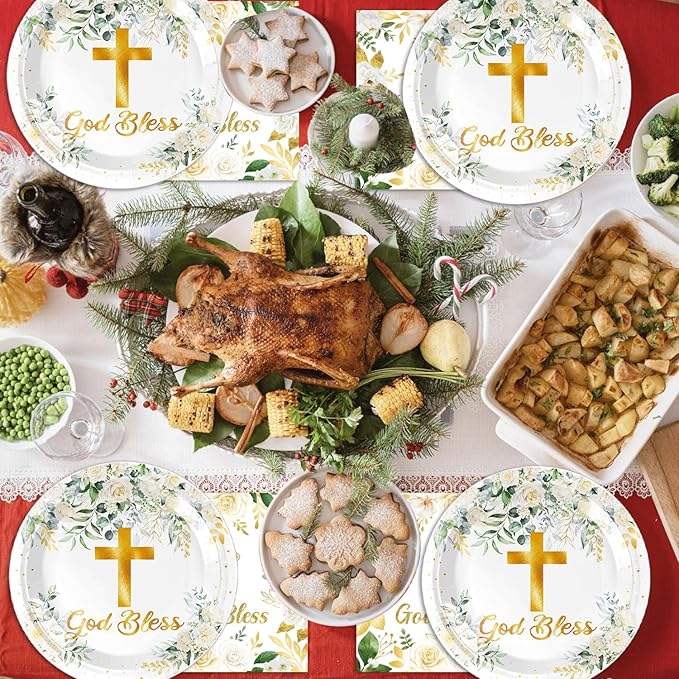 40Pcs God Bless Party Decorations Tableware Supplies 20 Plates and 20 Napkins for God Bless Baptism Party Decoration Serve 20 Guests