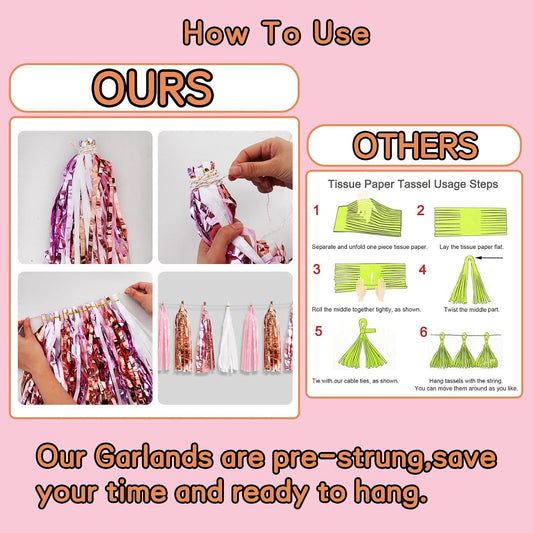 BEISHIDA 3 Packs White Pink Rose Metallic Foil Fringe Tassel Garland, Tassels Banner Streamers for Car Floats Bridal/Baby Shower Birthday Wedding Halloween Christmas Holiday Party Decoration