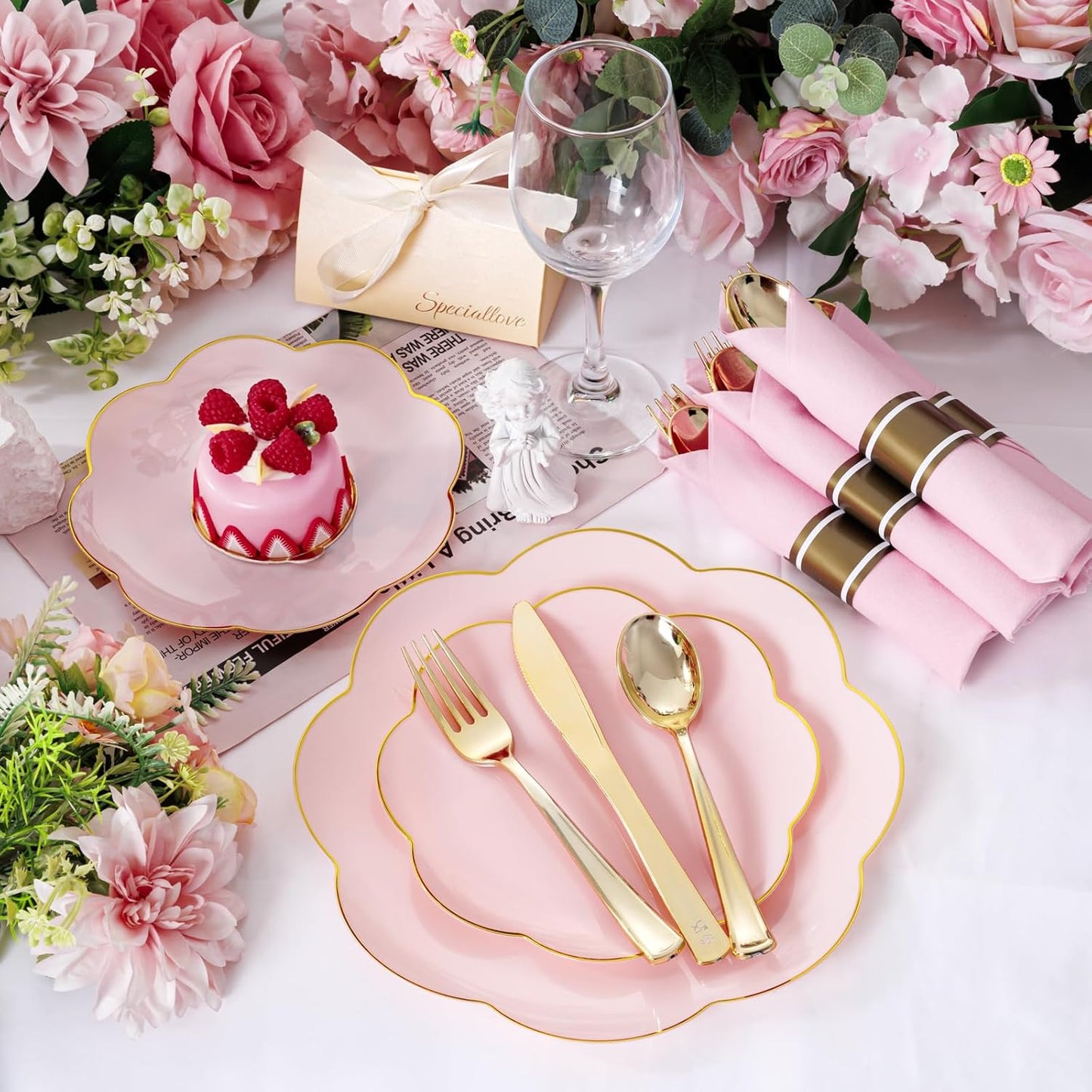 Supernal Gold Plastic Silverware Set with Pre Rolled Pink Napkin-Disposable Cutlery with Pink Linen Napkin Gold, Wrapped Plastic Silverware Heavy Duty Suit for Birthdays, Parties, Weddings 30Packs