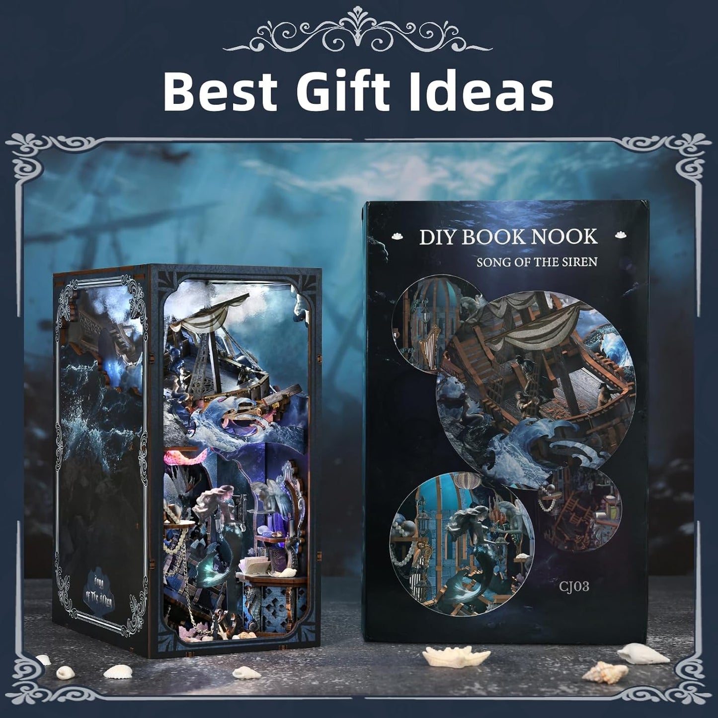 Book Nook Kit, DIY Doll House Booknook, Miniature Kit for Bookshelf Doll Houses for Adults Teen Halloween, 3D Wooden Puzzle Bookends with Led Light and Dust Cover (Sirens Song)