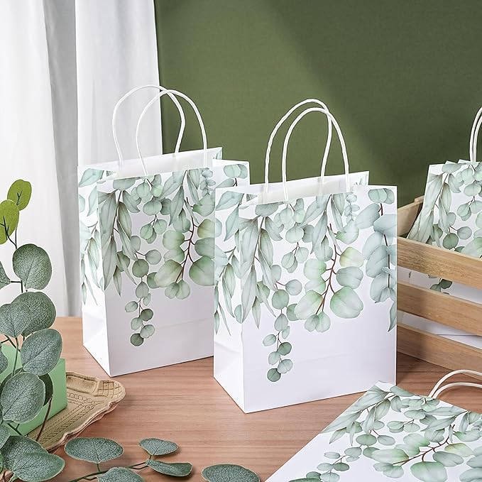 Loveinside Eucalyptus Leaves Paper Gift Bag, Delicate Green Leaves Deisgn with Handles Grocery Shopping Bags Candy Goodie Bags for Birthday, Wedding, Spring, Mother's Day, 8" x 4" x 10", 12 Pcs