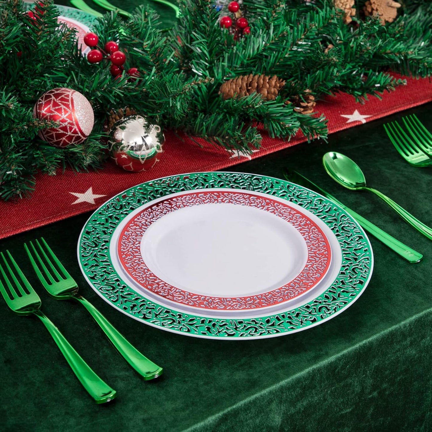 Rubtlamp 60PCS Christmas Plastic Plates, Red Lace Disposable Plates, White Heavy Weight Plates Sets Includes 30 Fancy Salad Platos 7.5”,30 Green Dinner Platos 10.25” For Christmas Party Wedding