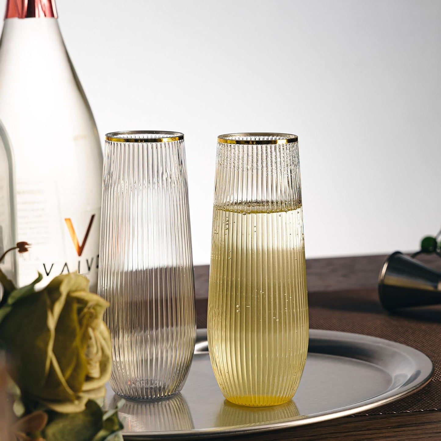 HOMIP 36pcs Plastic Champagne Flutes with Gold Rim - 9oz BPA-free Disposable Champagne Glasses, Ribbed Ripple Design for Weddings, Parties, Bars & Events (Stemless, Durable)