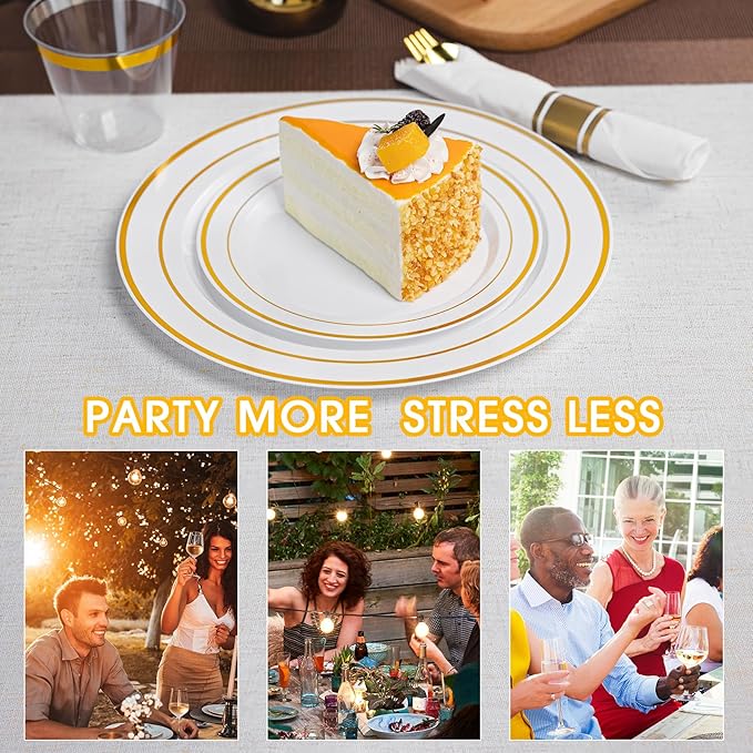 350PCS Gold Plastic Plates Dinnerware Set, Thanksgiving Disposable Plates, 50 Dinner and 50 Dessert Plates, 50 Pre Rolled Napkins with Silverware and 50 Cups for Party and Wedding